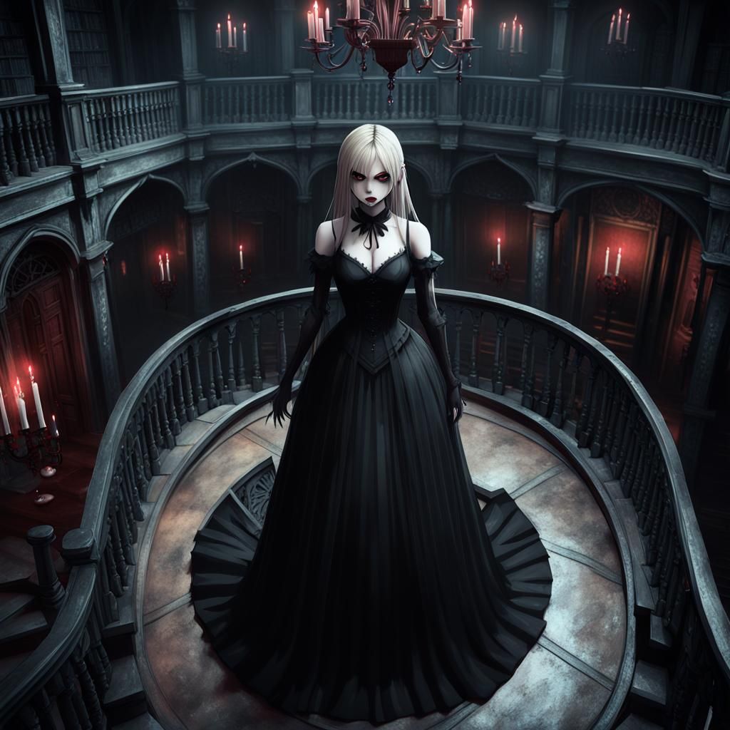 Anime Vampire Girl in Haunted House, 3D Render