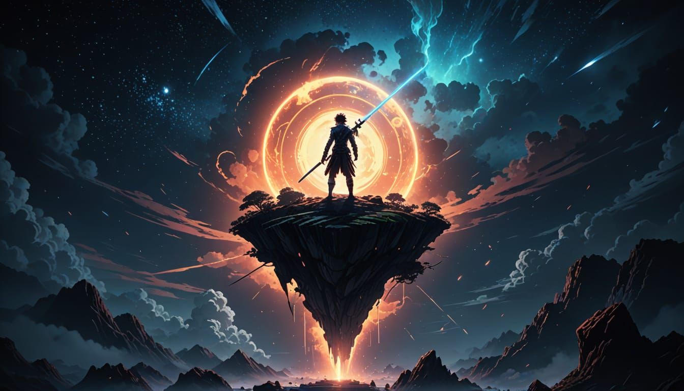 Celestial Warrior on Floating Island in Cosmic Nebula