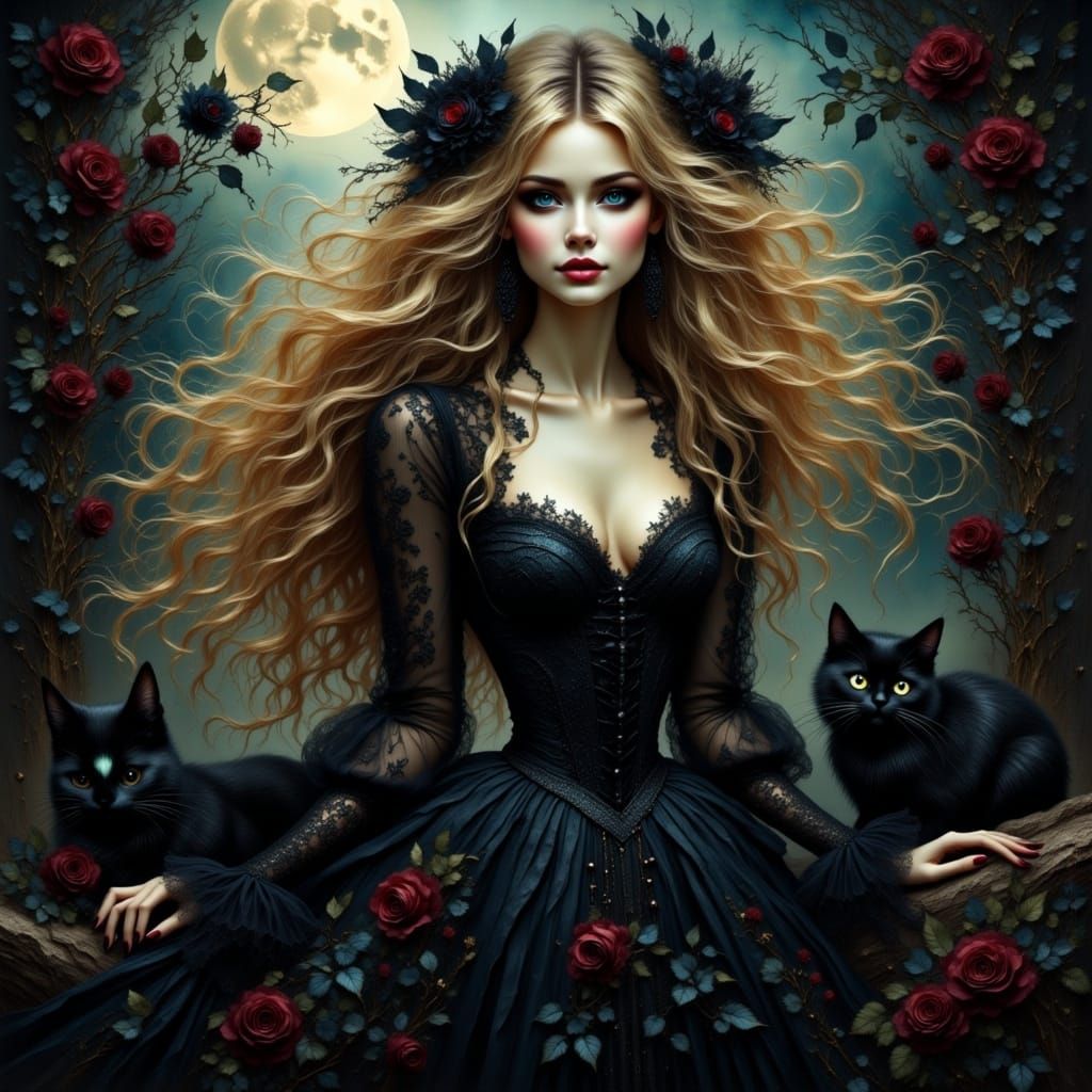 Gothic Lady in Velvet Dress with Roses, Photorealistic Style