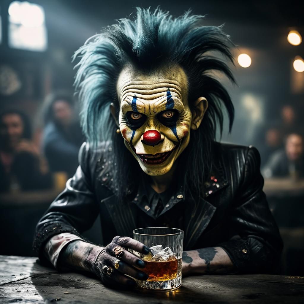 Zombie Monkey Clown Goth Woman Drinks Whiskey