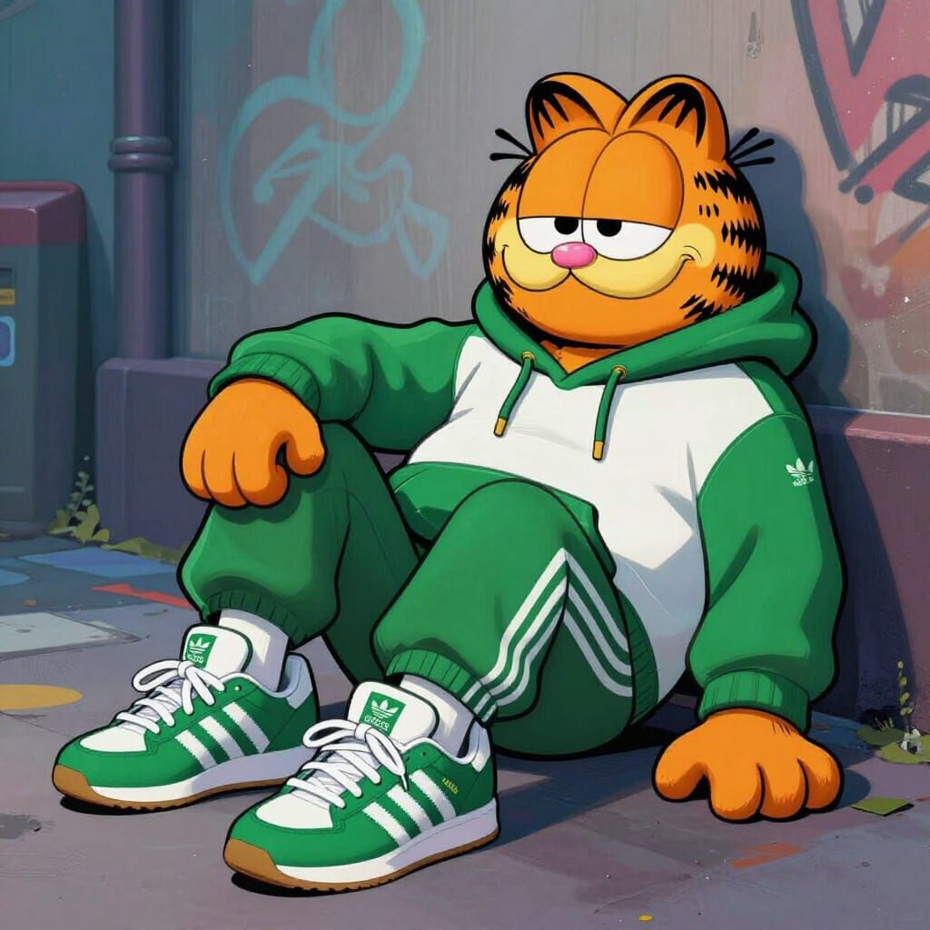 Garfield Lounges in Adidas Hoodie and Sneakers
