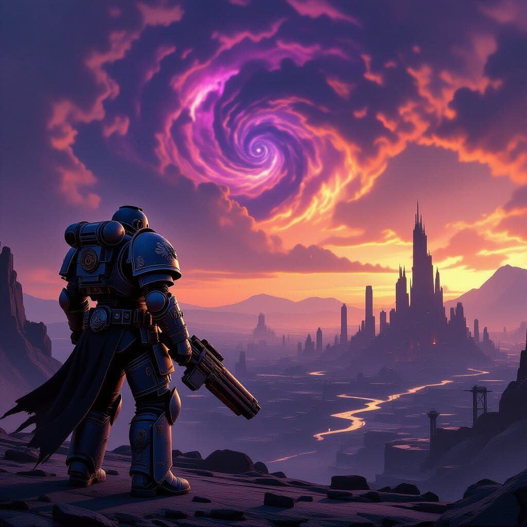 Steampunk Space Marine Overlooks Ruined Alien City