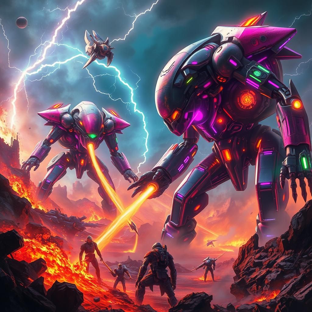 Epic Alien Mecha Battle in Neon Apocalyptic Landscape