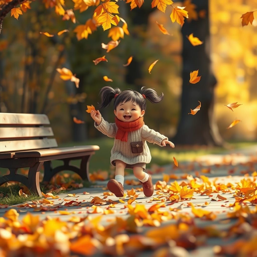 Girl Playing in Autumn Leaves: Candy Art Illustration