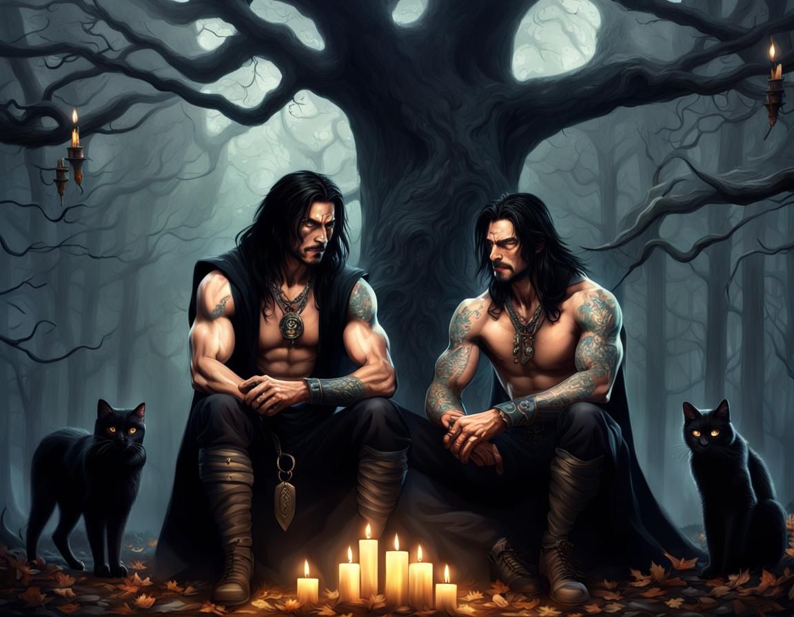 Two Handsome Male Witches Longing Gaze in Forest