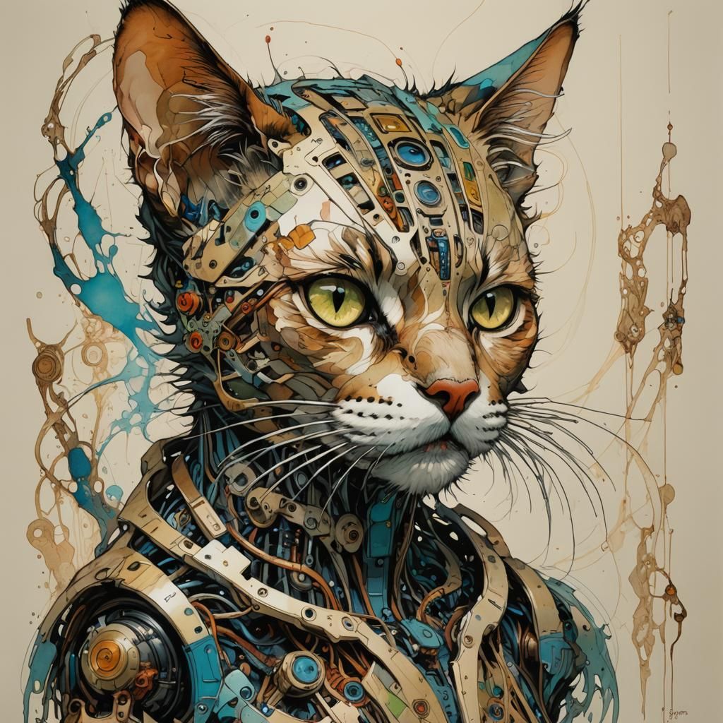 Cyborg Cat Fusion of Art Styles