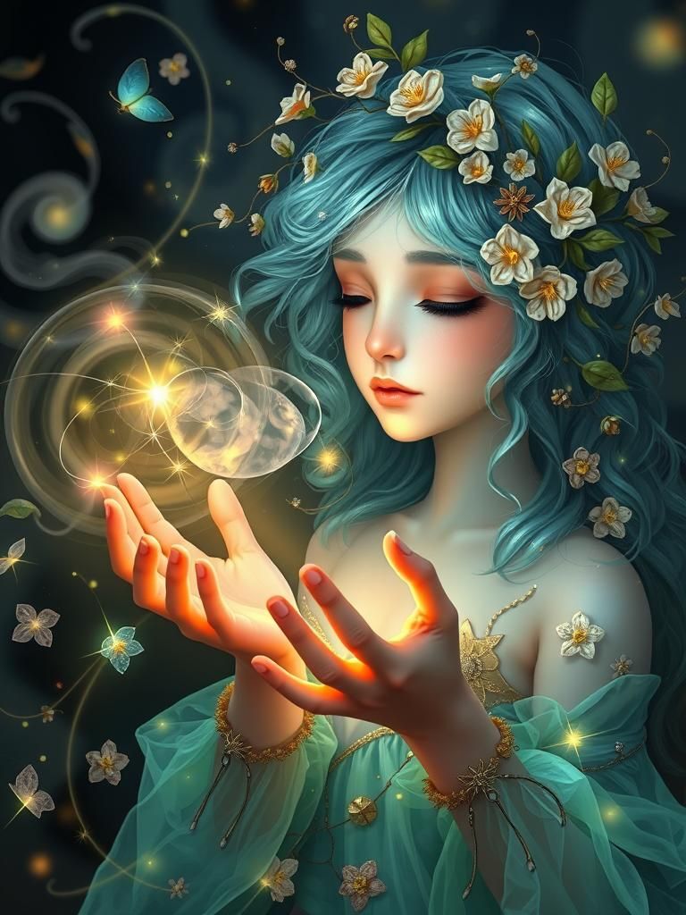 Ethereal Character with Glowing Swirl, Baroque Style