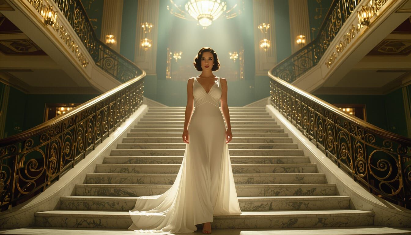 Elegant Woman on Art Deco Staircase in Vintage Movie House
