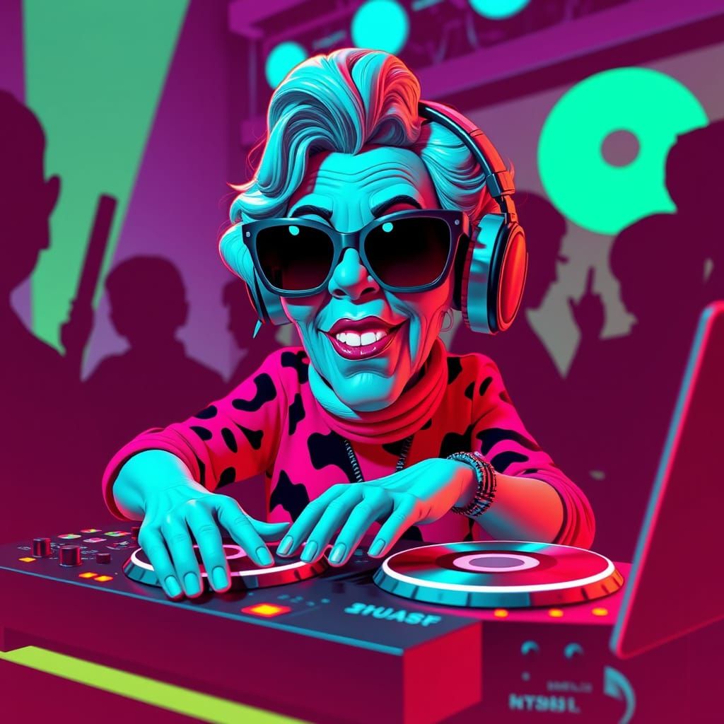 Trendy Grandma DJing in a 3D Caricature