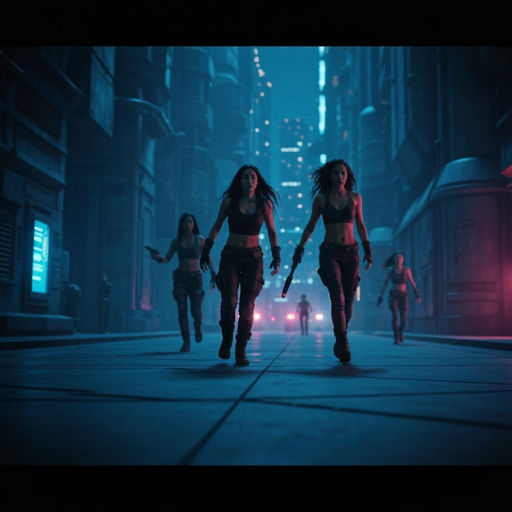 Powerful Women in Sci-Fi Cityscape at Night