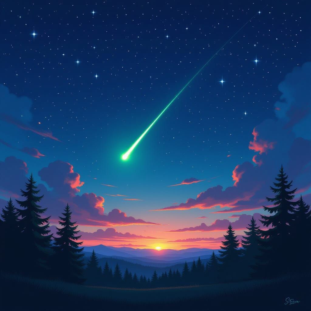 Spectacular Night Sky with Meteor Shower, Digital Painting