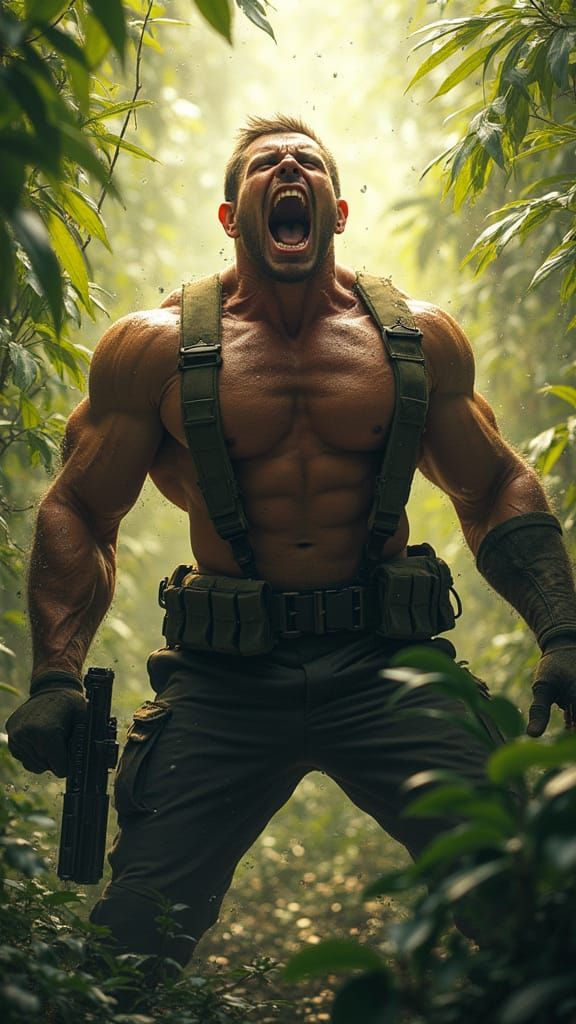 Muscular Warrior Roaring in Jungle, Comic Book Style