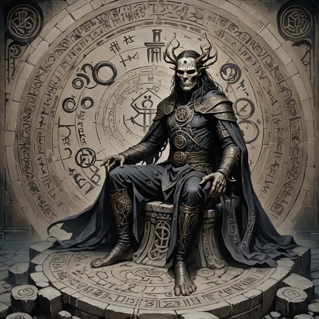 Eldritch Six-Armed Man on Stone Throne