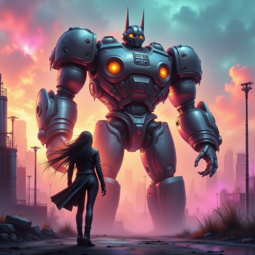 Steampunk Pilot with Mecha Companion at Sunset