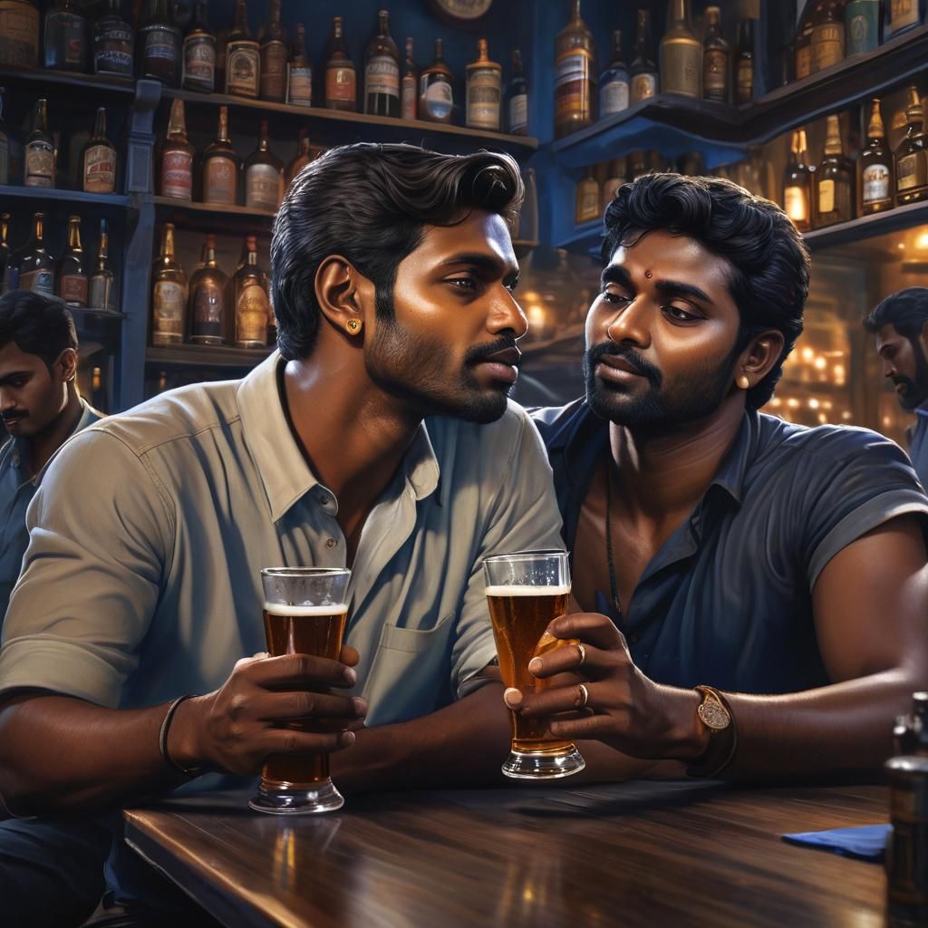 Intimate Portrait of Two Men Kissing in a Bar