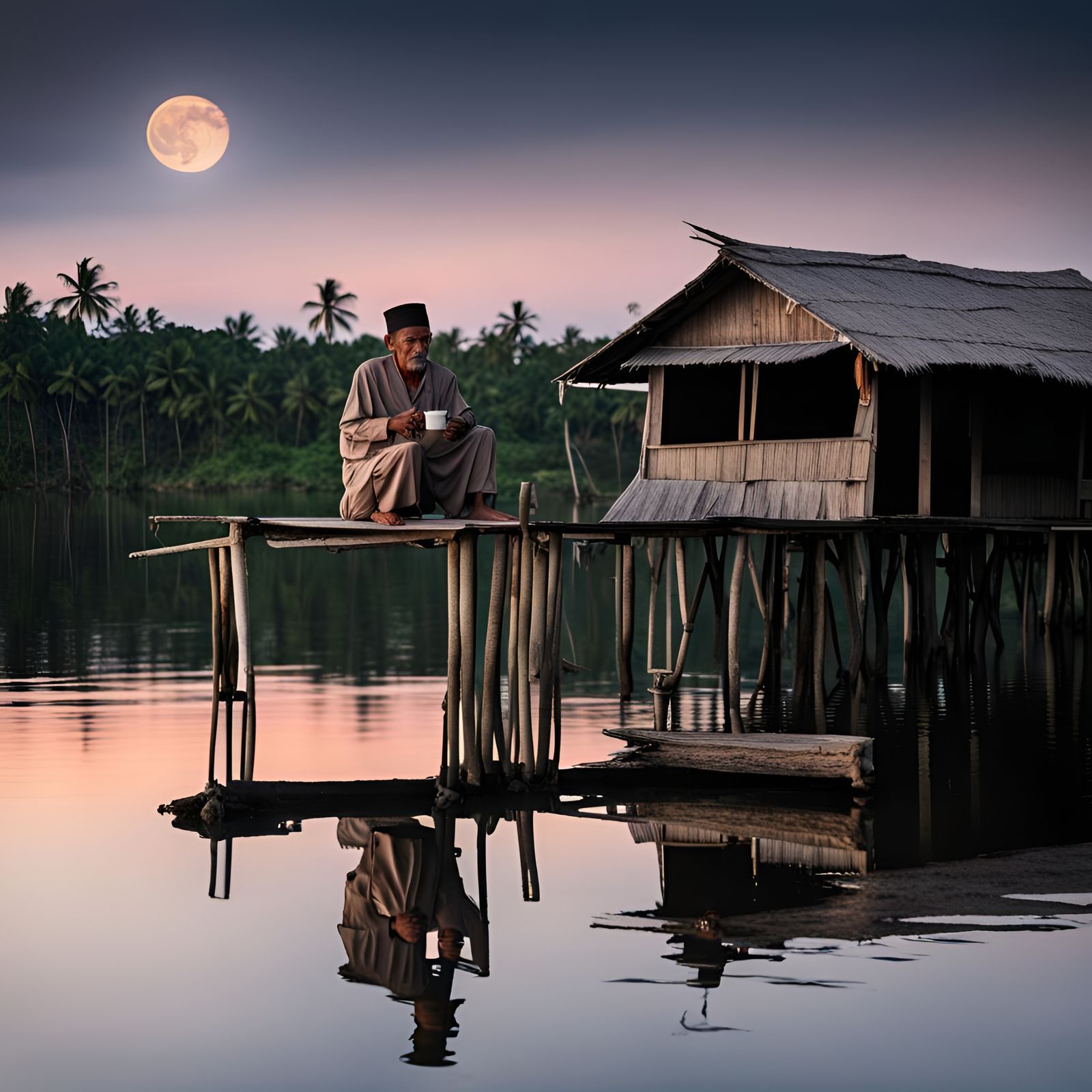 Sama Fisherman Drinking Coffee Under the Moon