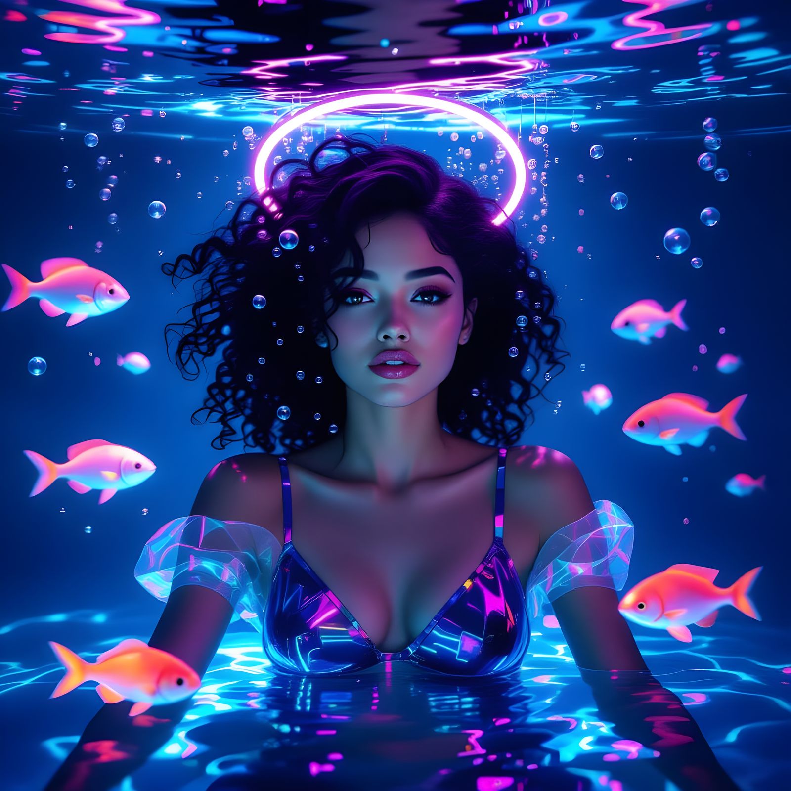 Cyberpunk Underwater Portrait: Neon Woman and Glowing Fish