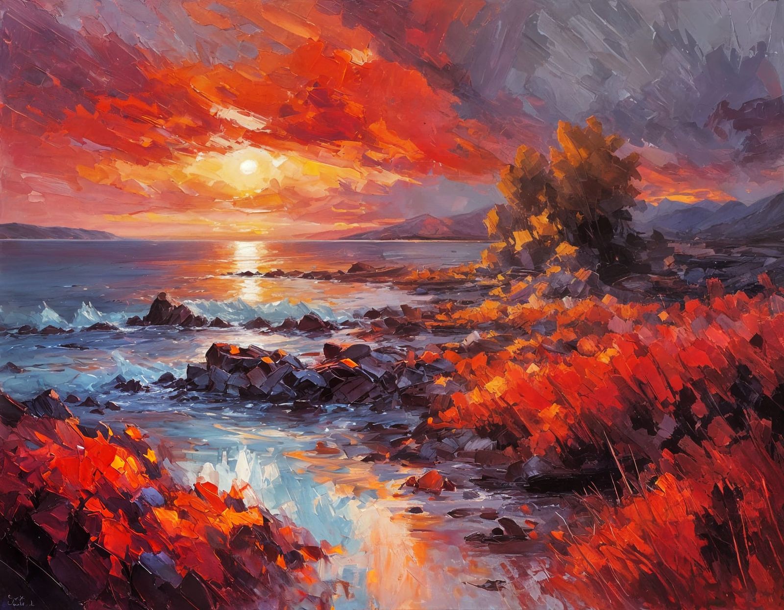 Fire-Red Sunset in Colorful Landscape Style