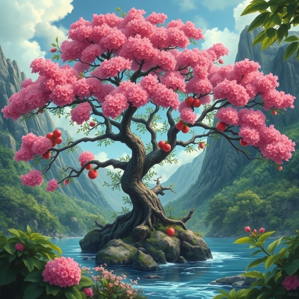 Pink Blossoms on a Majestic Tree: Impressionistic Landscape