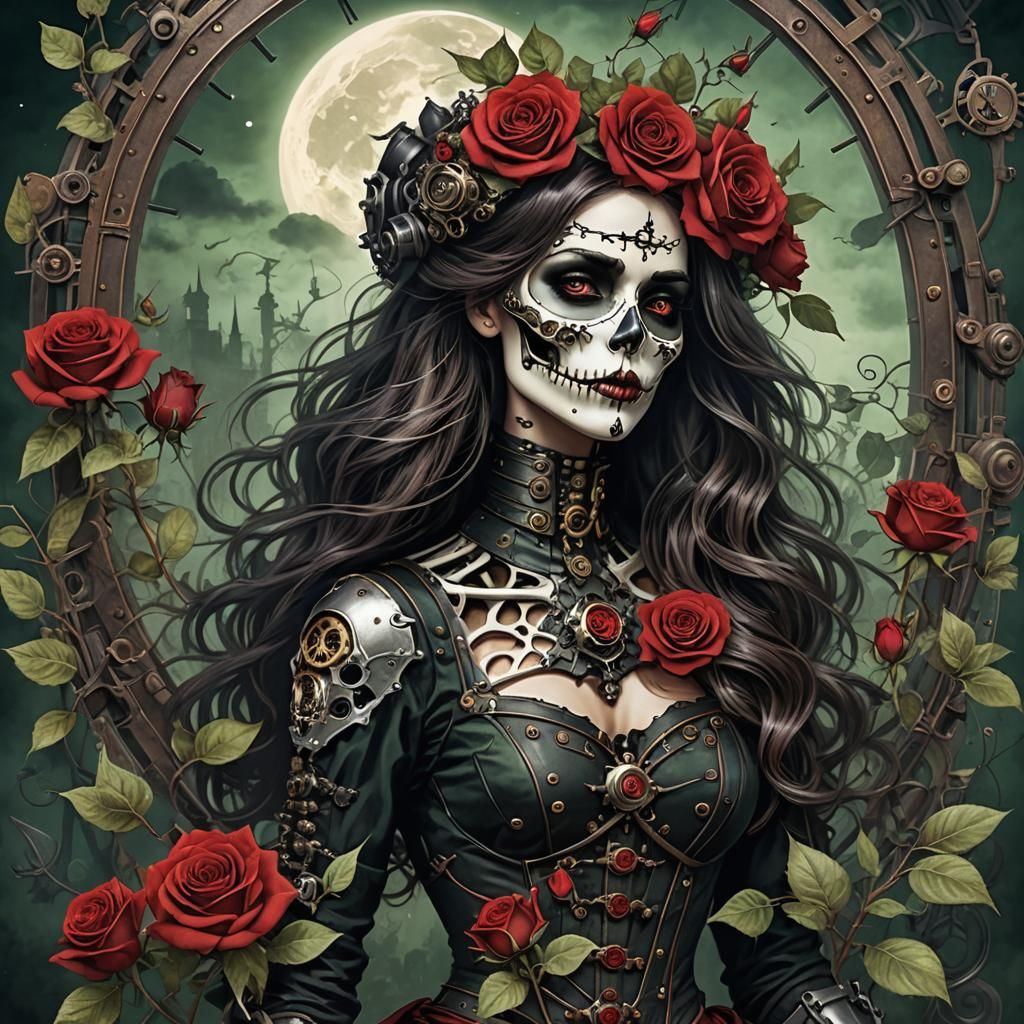 Half Skeleton Lady with Roses and Steampunk Engine