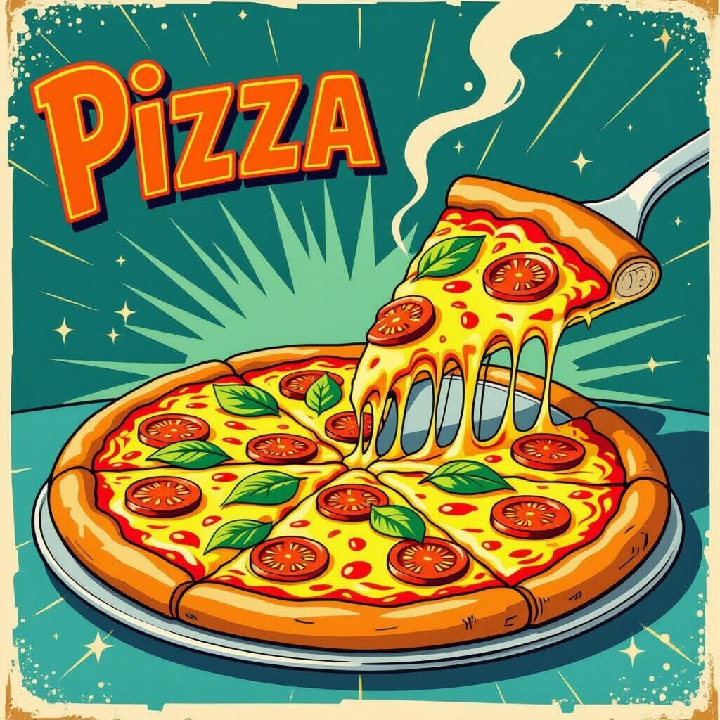 Steaming Pizza Ad in Retro Cartoon Style