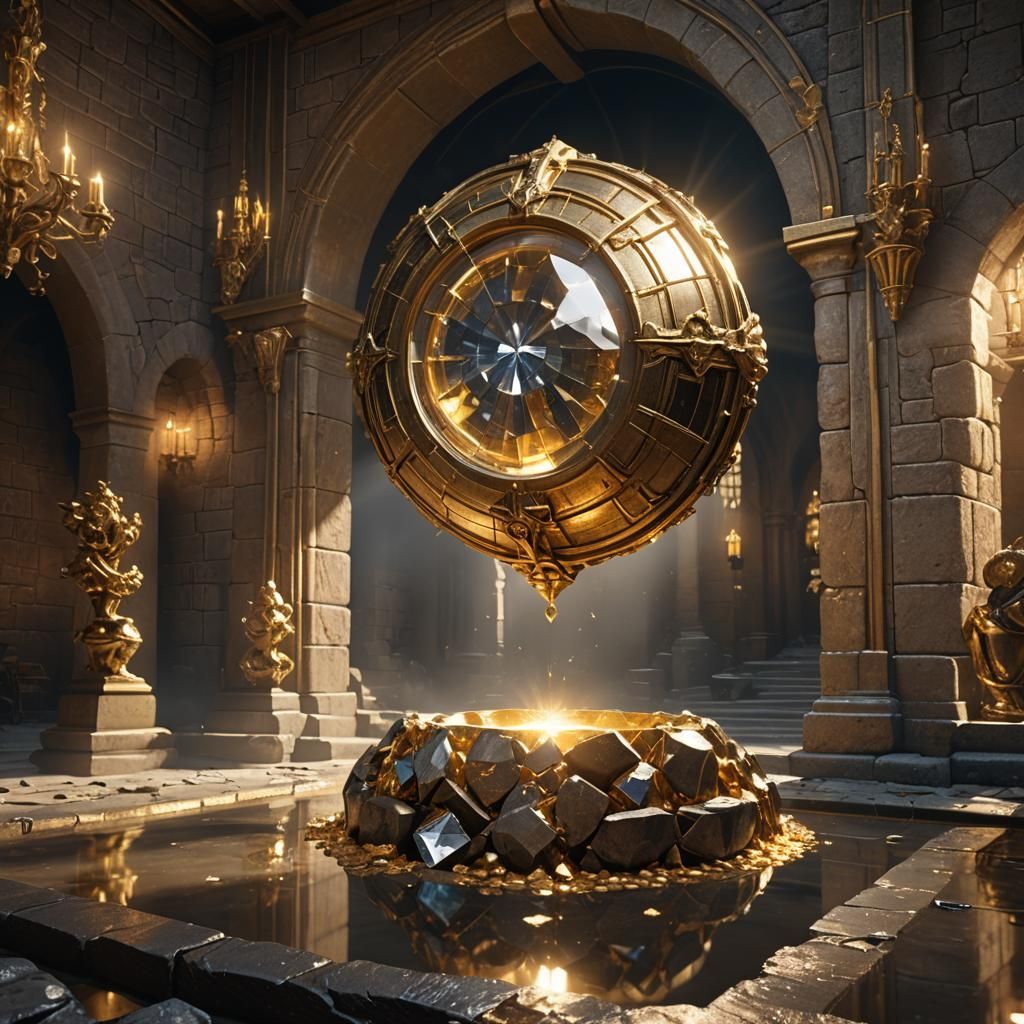 Giant Golden Diamond Displayed with Dynamic Lighting