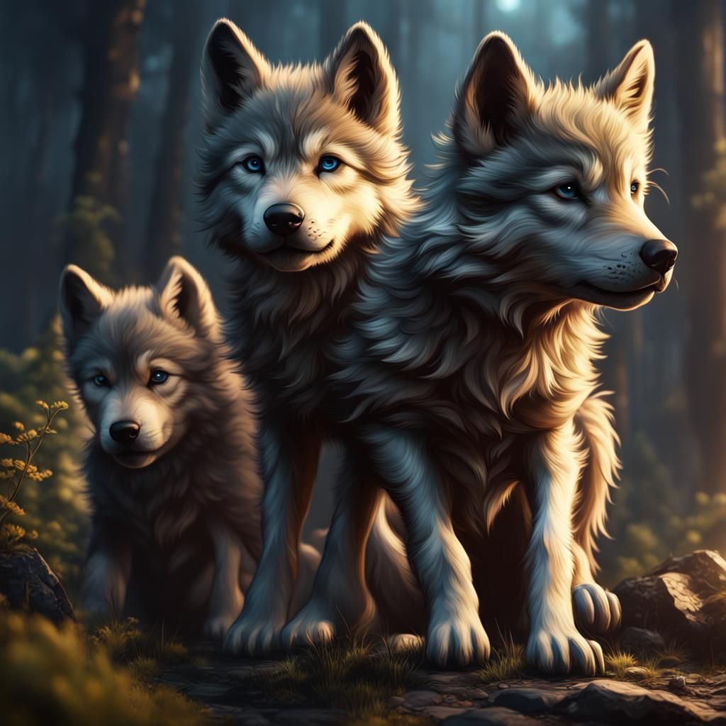 Detailed Matte Painting of Wolf Puppies