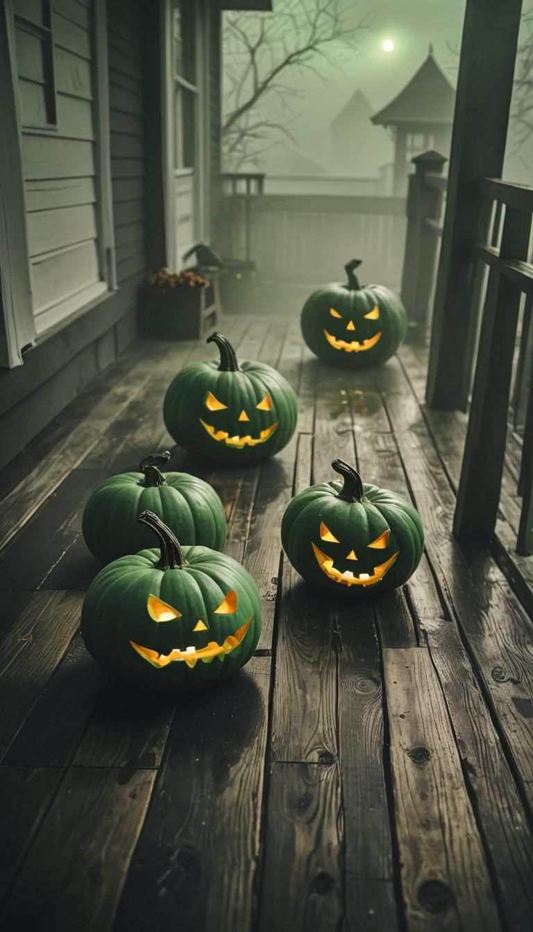 Eerie Green Halloween Pumpkins in Dark Surrealism