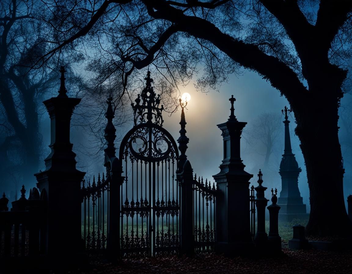 Moonlit Victorian Cemetery with Ground Mist