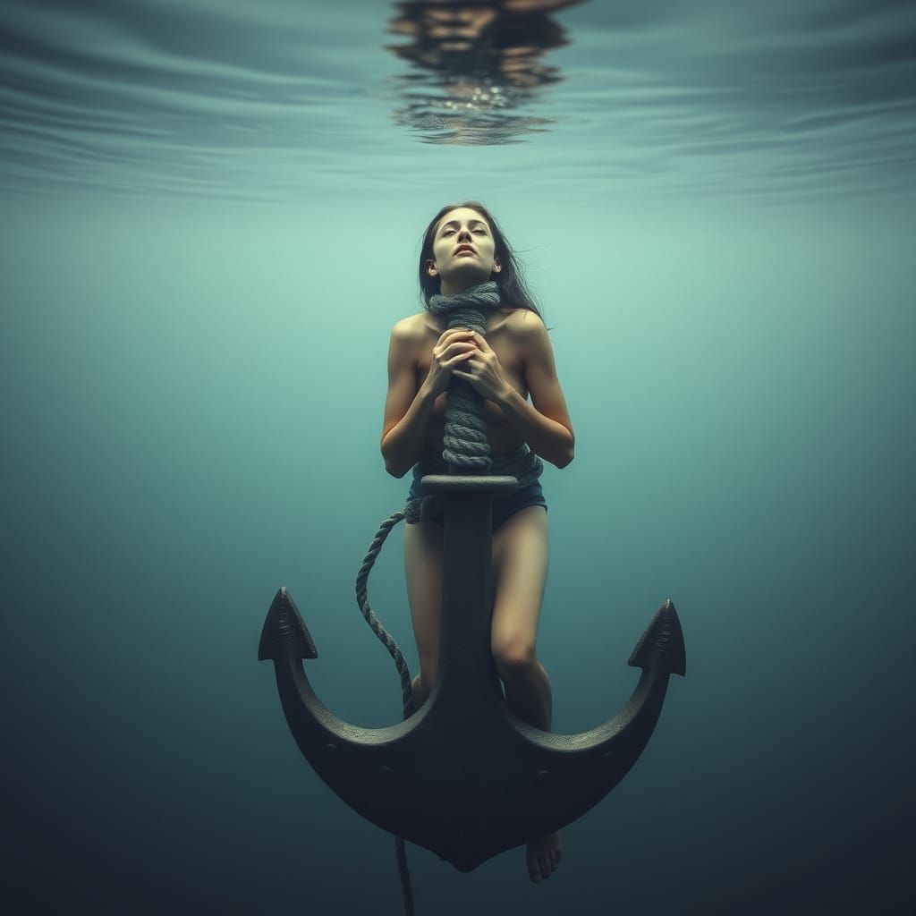 Surreal Underwater Struggle: Bound by the Anchor