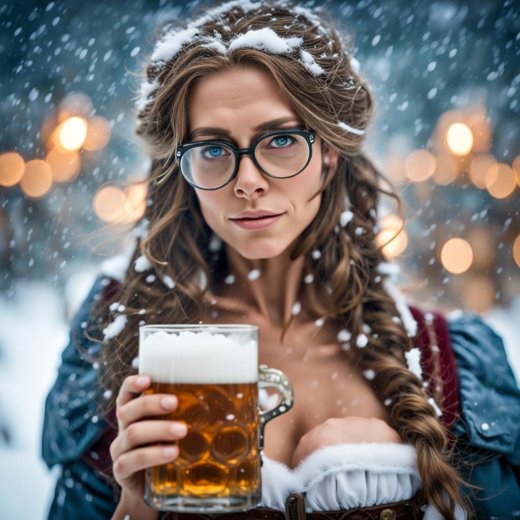 Oktoberfest Woman with Laser Rifle in Snowstorm