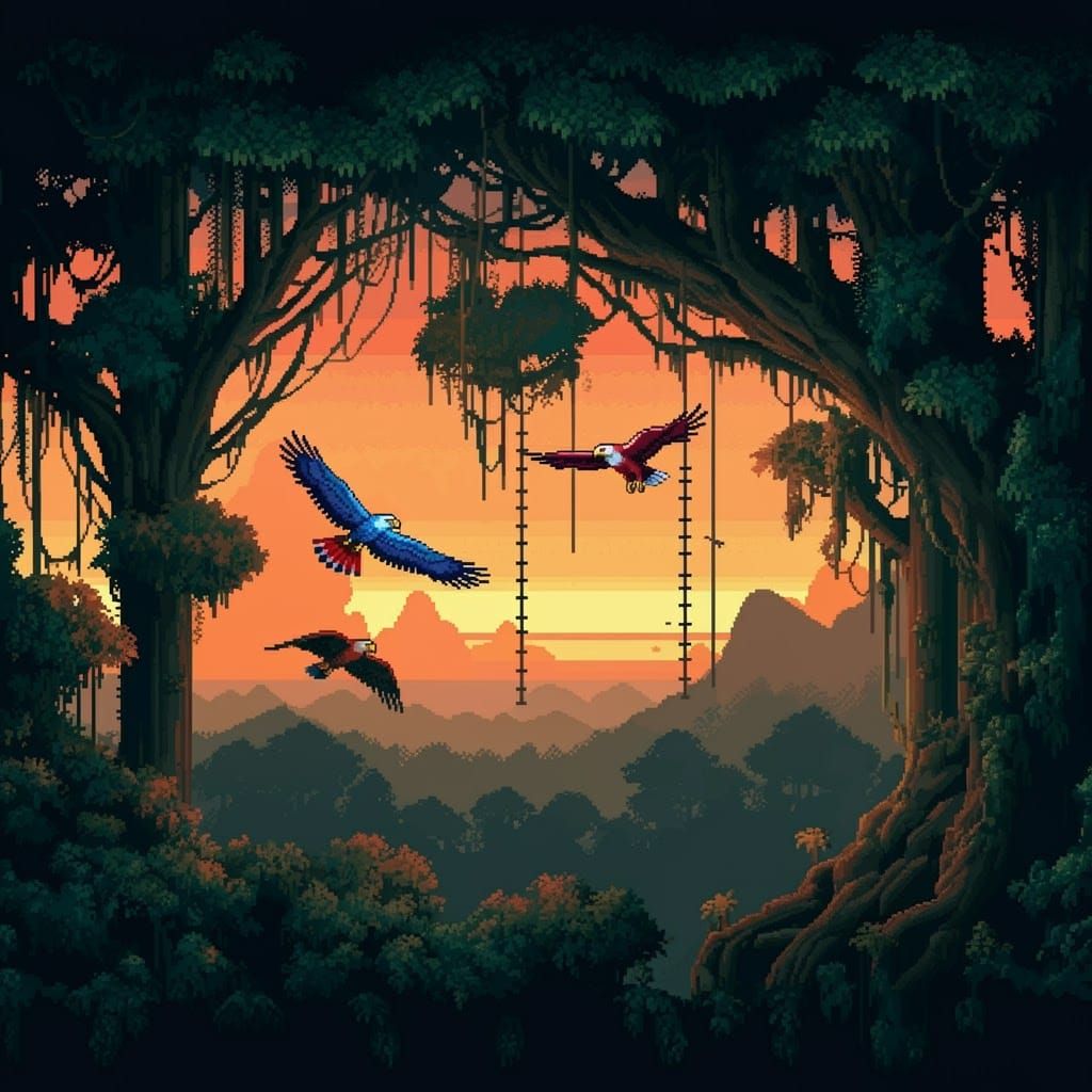 Sunset Canopy with Birds of Prey in 8-bit Style