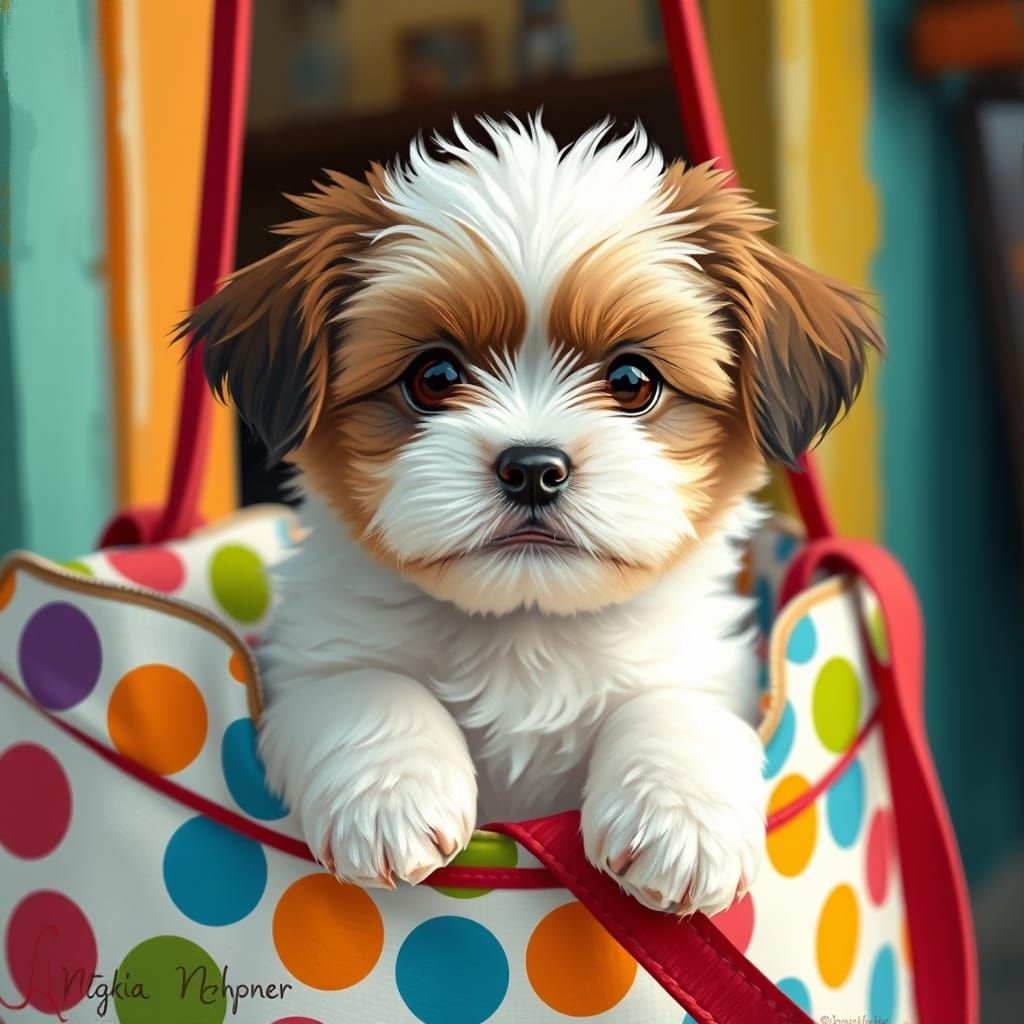 Whimsical Puppy Peeks Out of Colorful Carry Bag