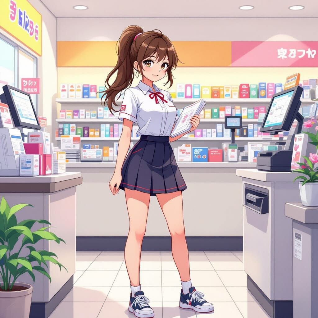 Anime Girl in Cashier Uniform with Pastel Colors