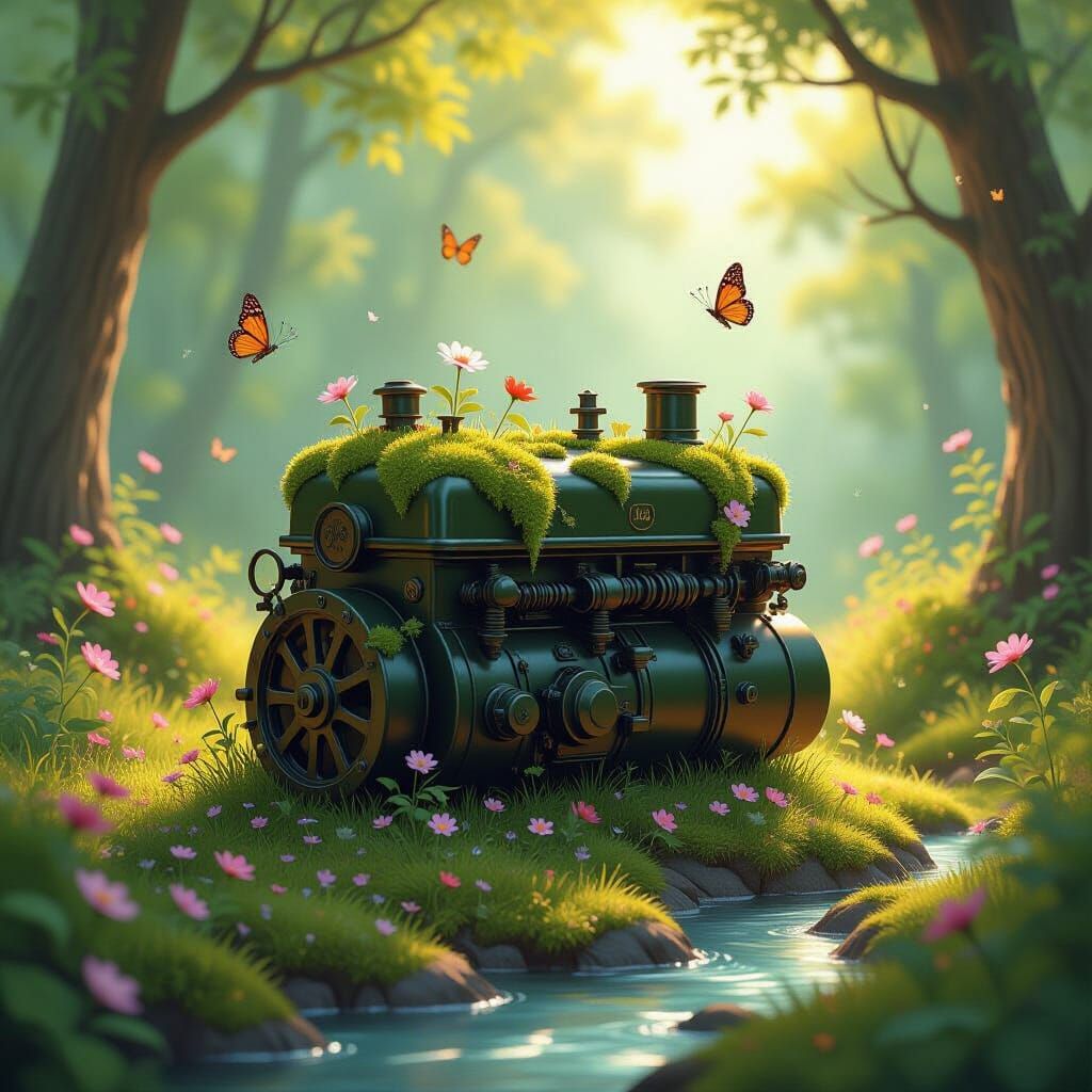 Sentient Engine Block in Enchanted Forest Clearing