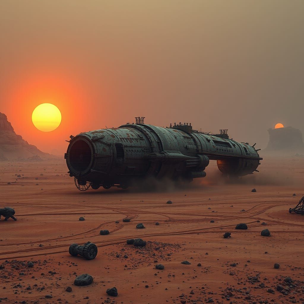Abandoned Spaceship on a Barren, Rust-Hued Alien World