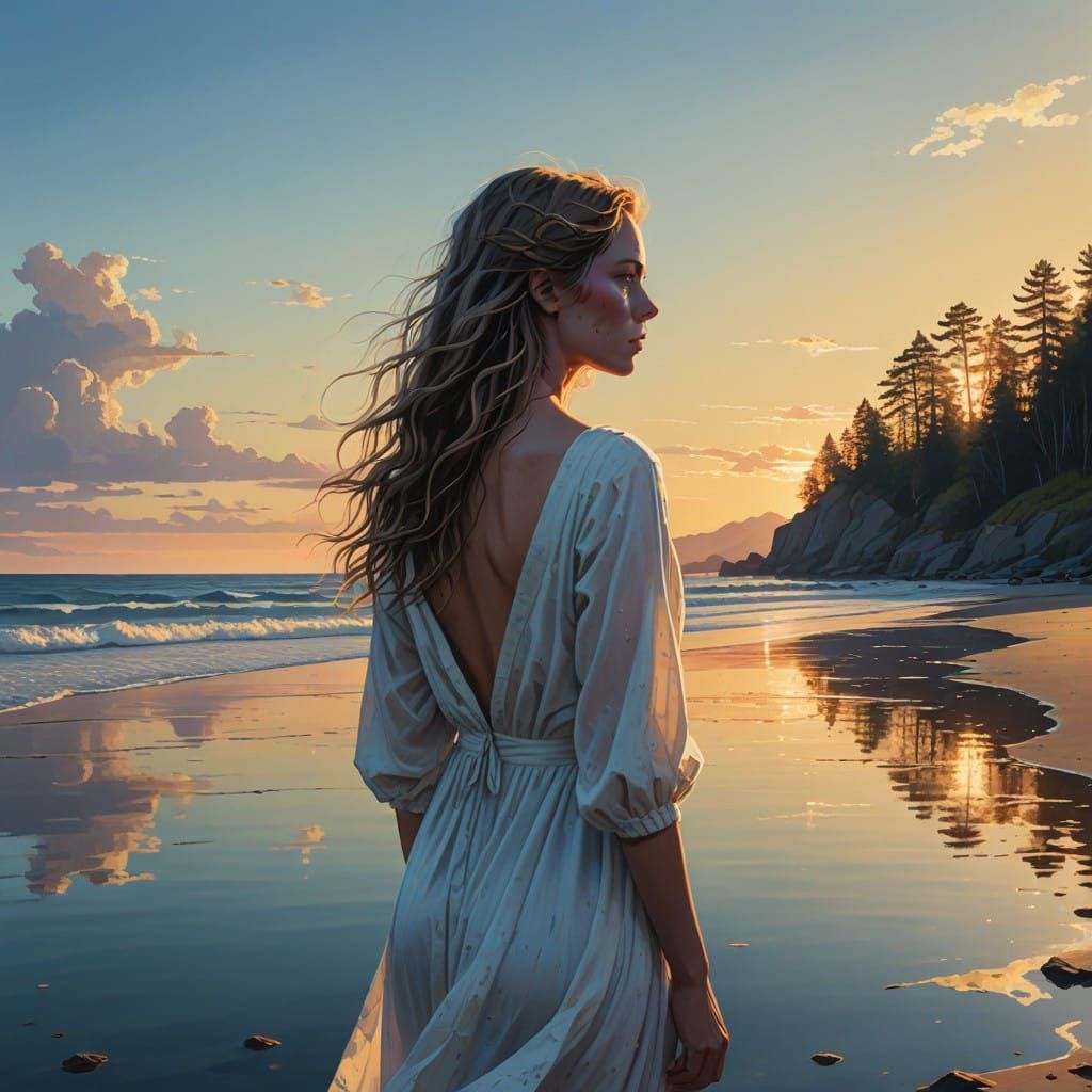 Serenely Standing Coastal Goddess in Sunset Glow