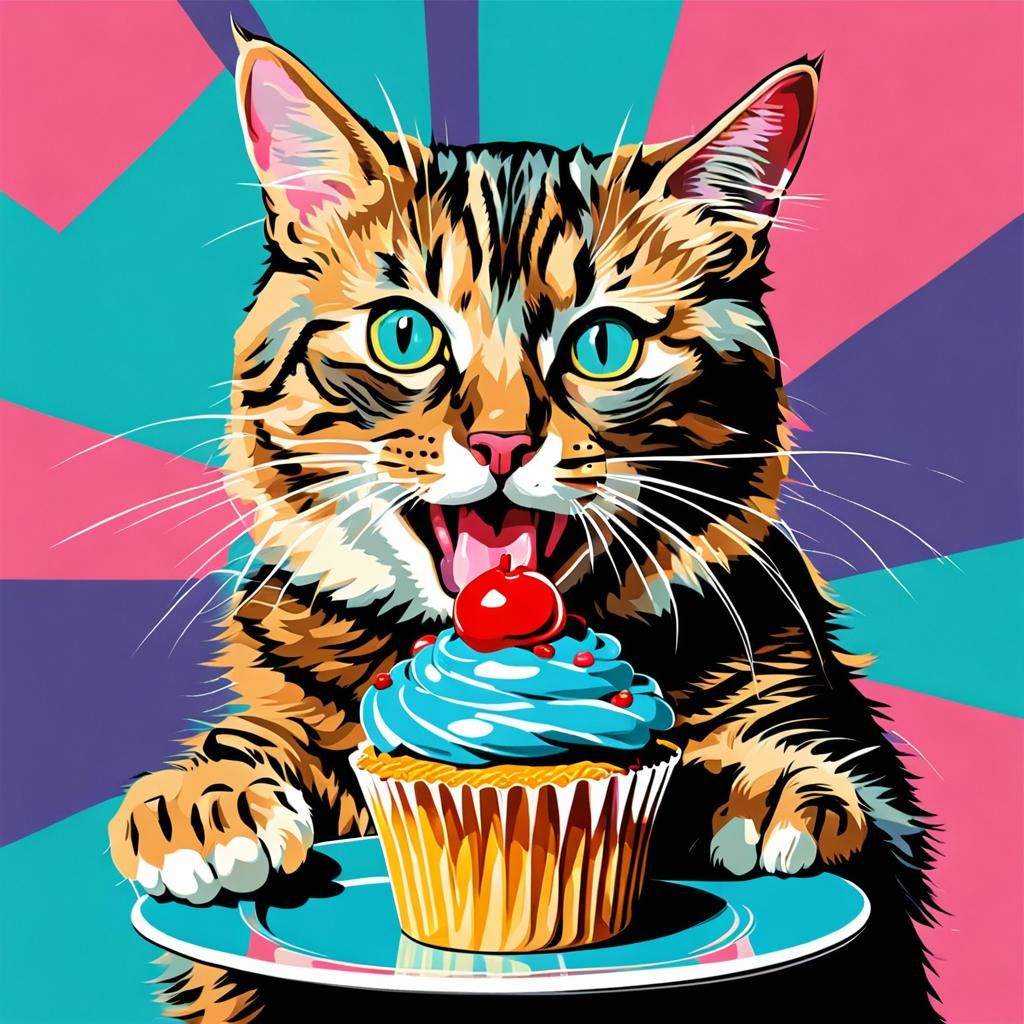 Cat Eating Cupcake in Pop Art Style