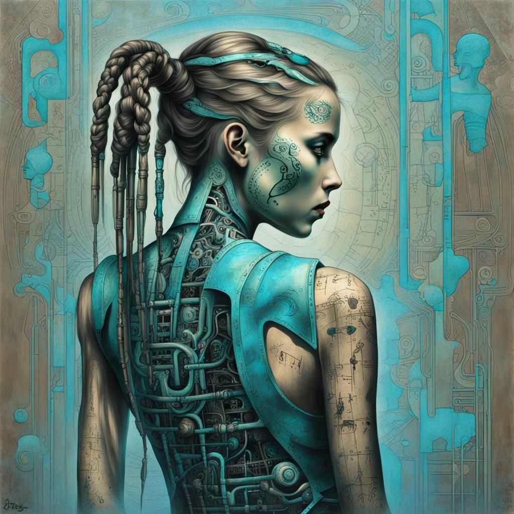 Gigeresque Cyborg Girl in Neon Dress