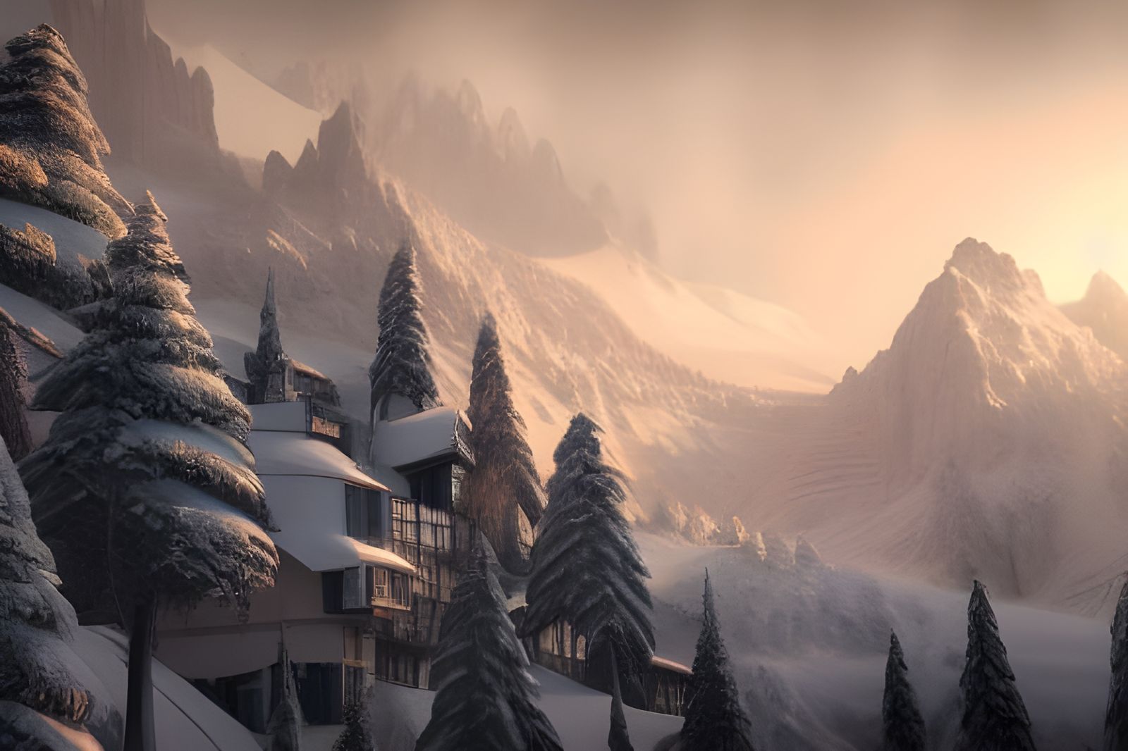 Office Building Next to Snowy Mountain, Matte Painting