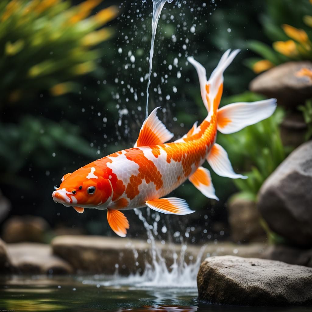 Koi Fish Leaps in a Rainbow Garden