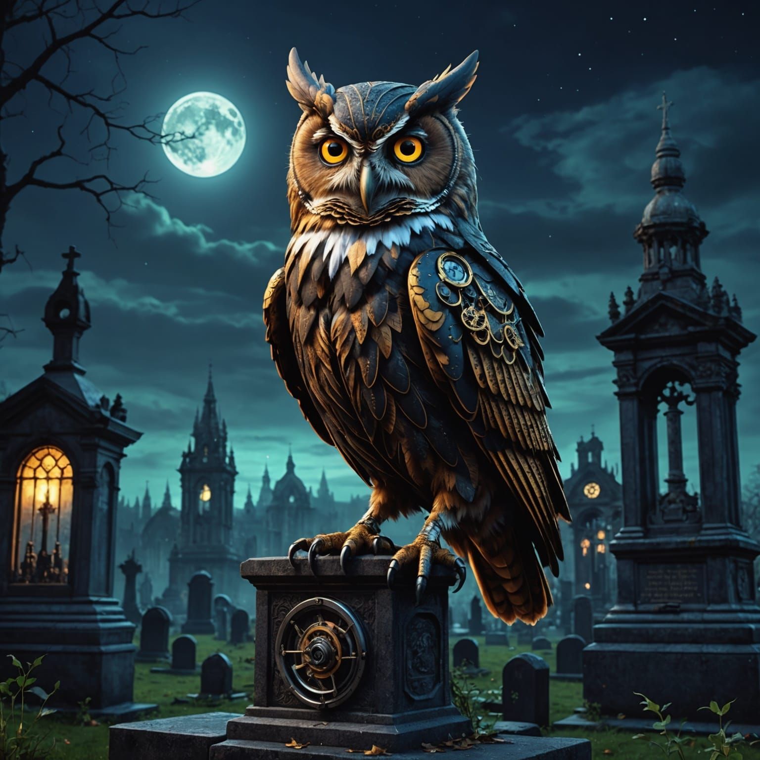 Steampunk Owl in Gothic Victorian Cemetery