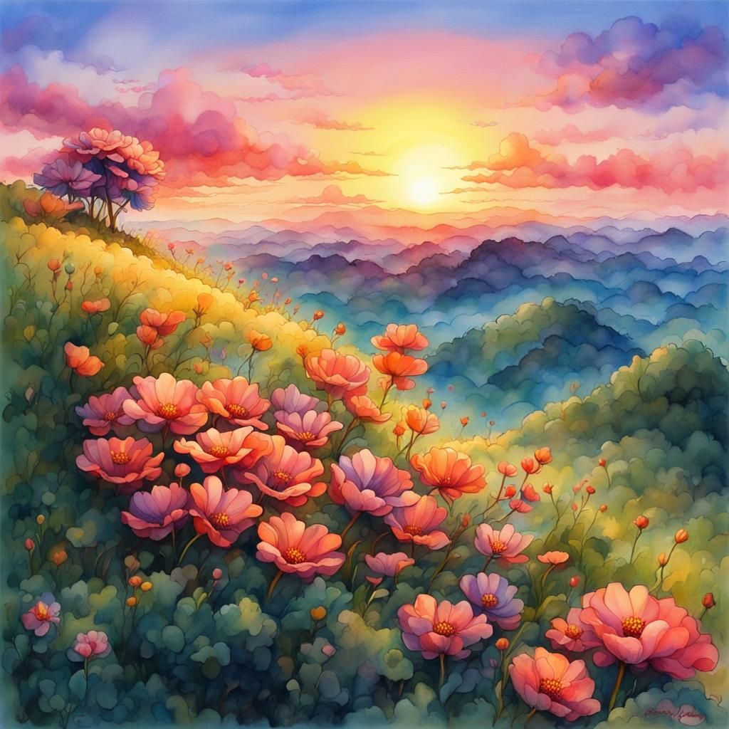 "flower on a hill at sunset" Sakimichan style, morning Rise ...