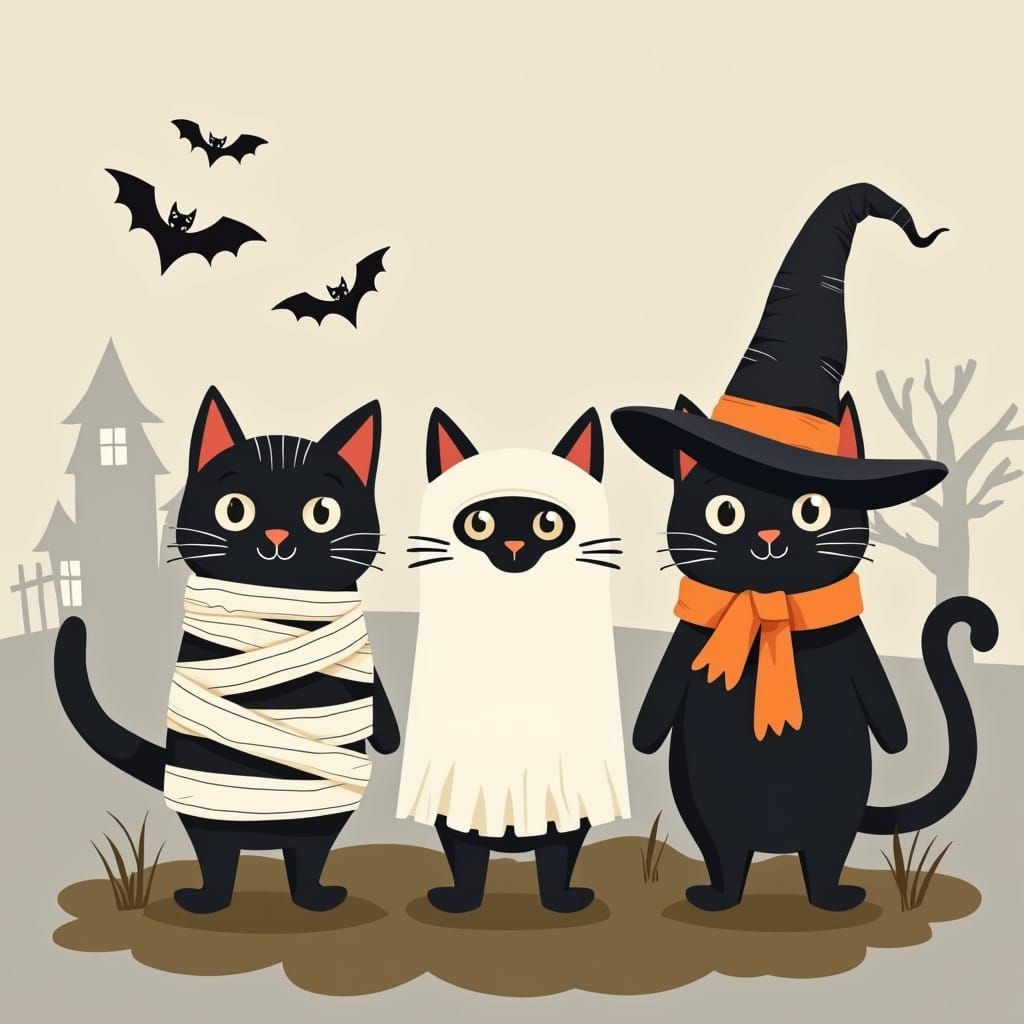 Three Cute Black Cats in Halloween Costumes Vector Art