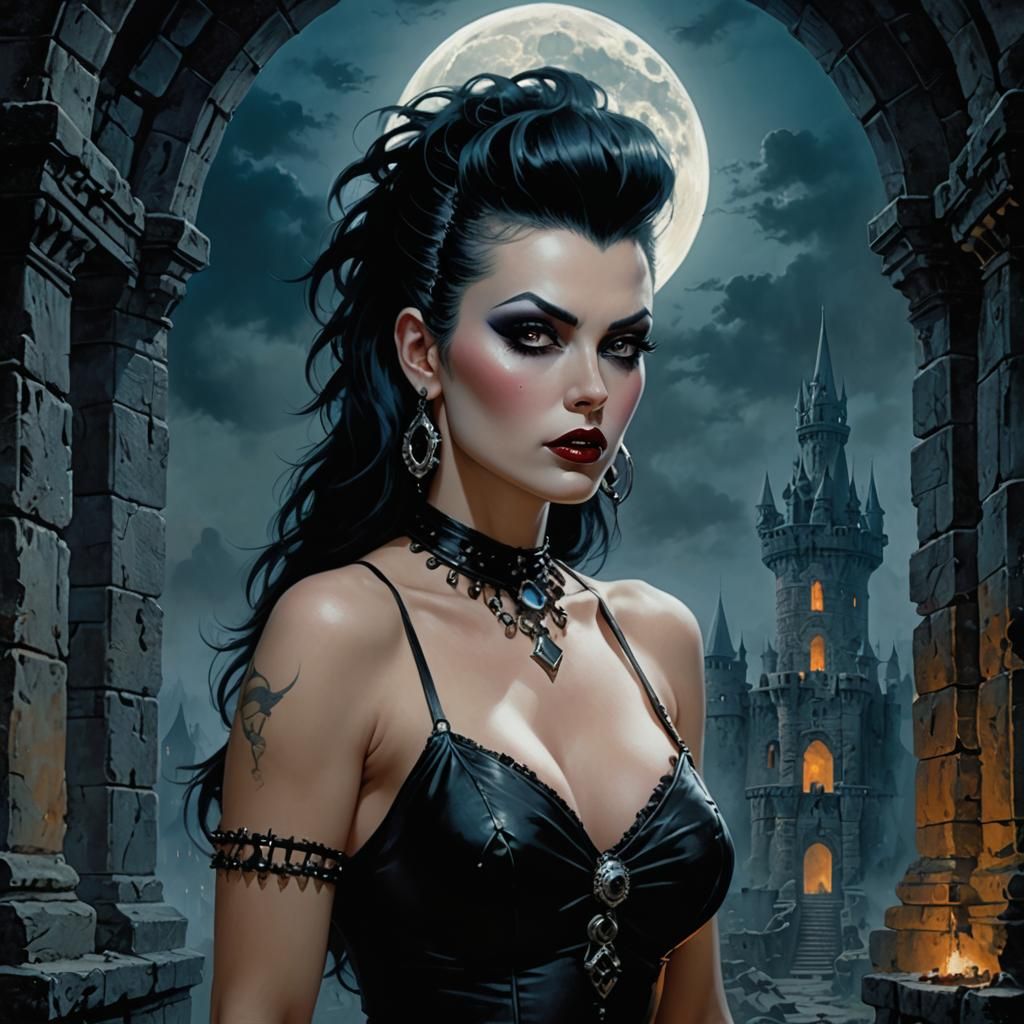 Glamourous Goth Pin-Up in Bioluminescent Castle Ruins