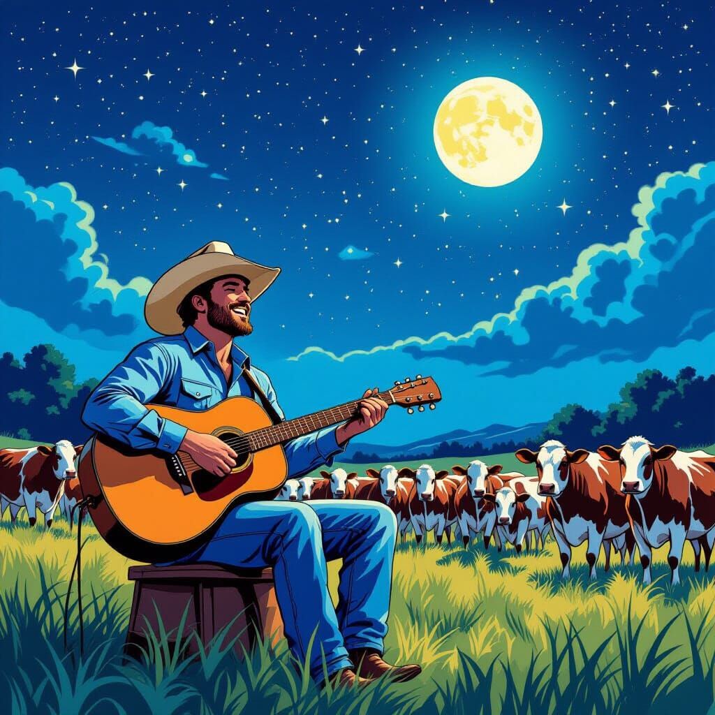 Cowboy Serenades Cows Under Starry Night Sky