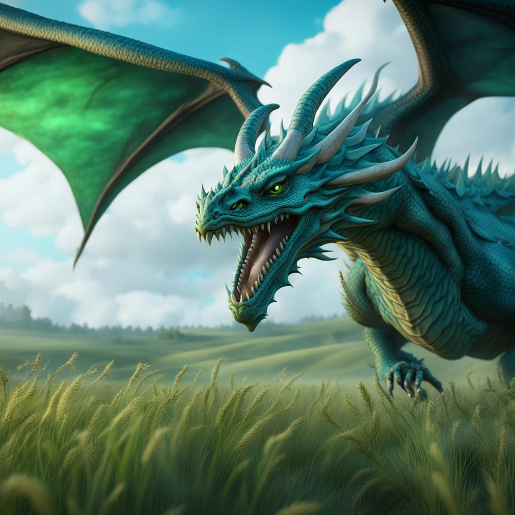 Blue-Green Dragon Flying Over Field in Fantasy Art