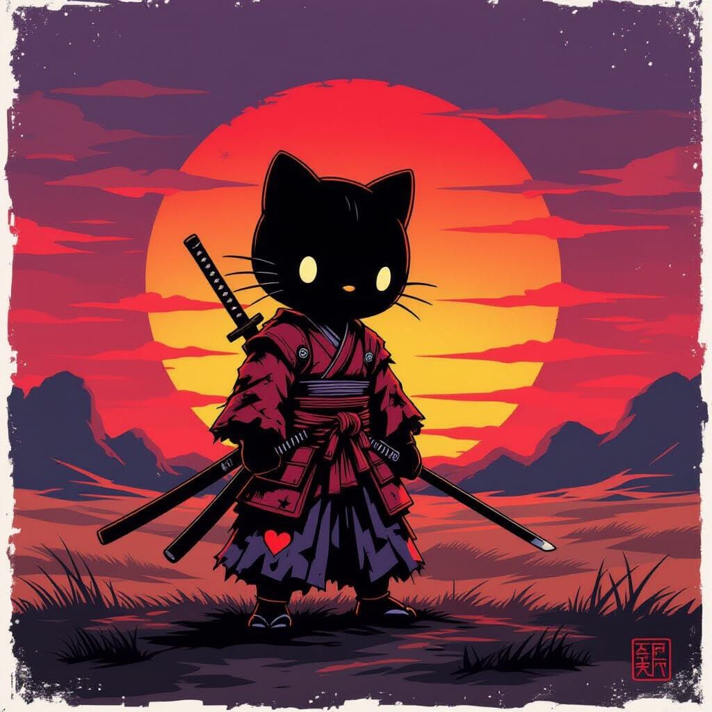 Hello Kitty Samurai Warrior at Sunset