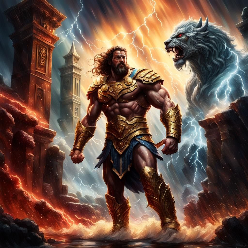 Hercules Battles Monster in Stormy City: Splash Art