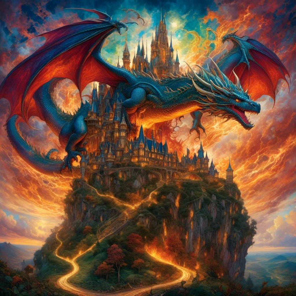 Dragon Attacking Castle on Hill